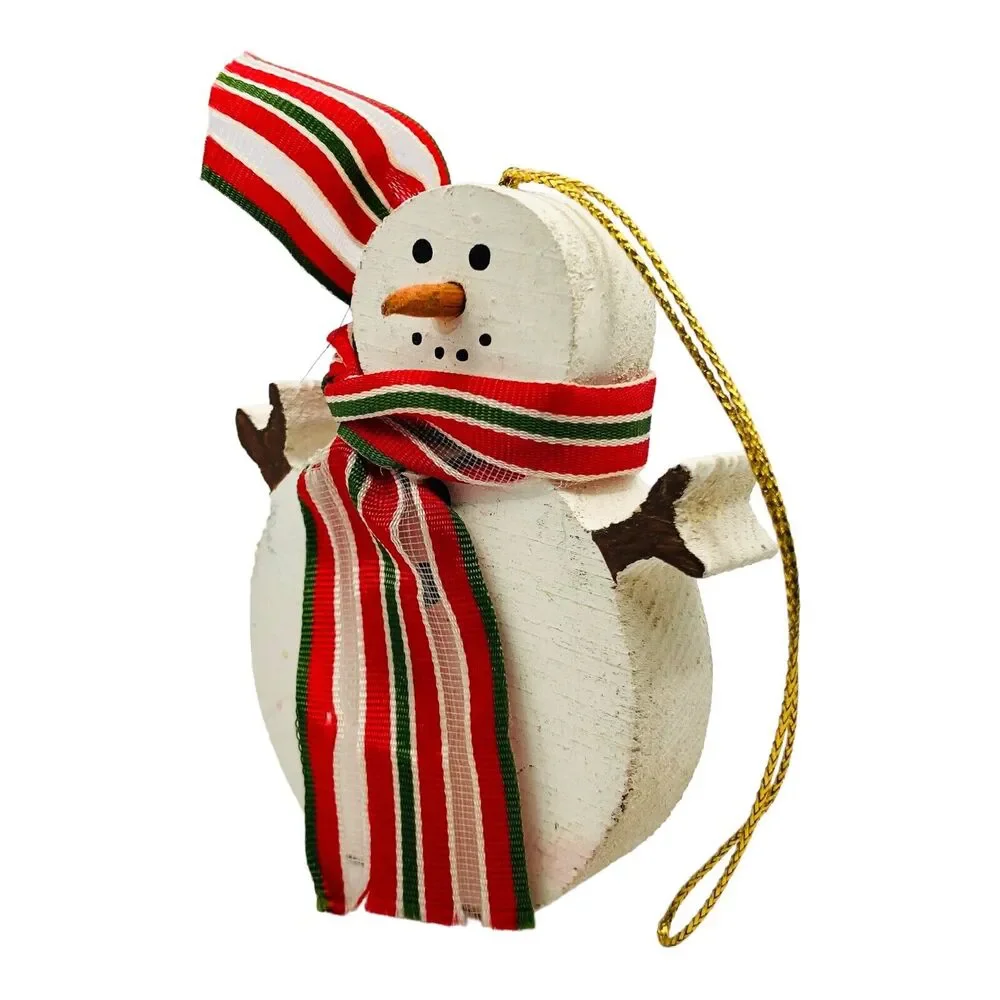 Country Wooden Block Snowman Christmas Tree Ornament Ribbon Scarf Red Green